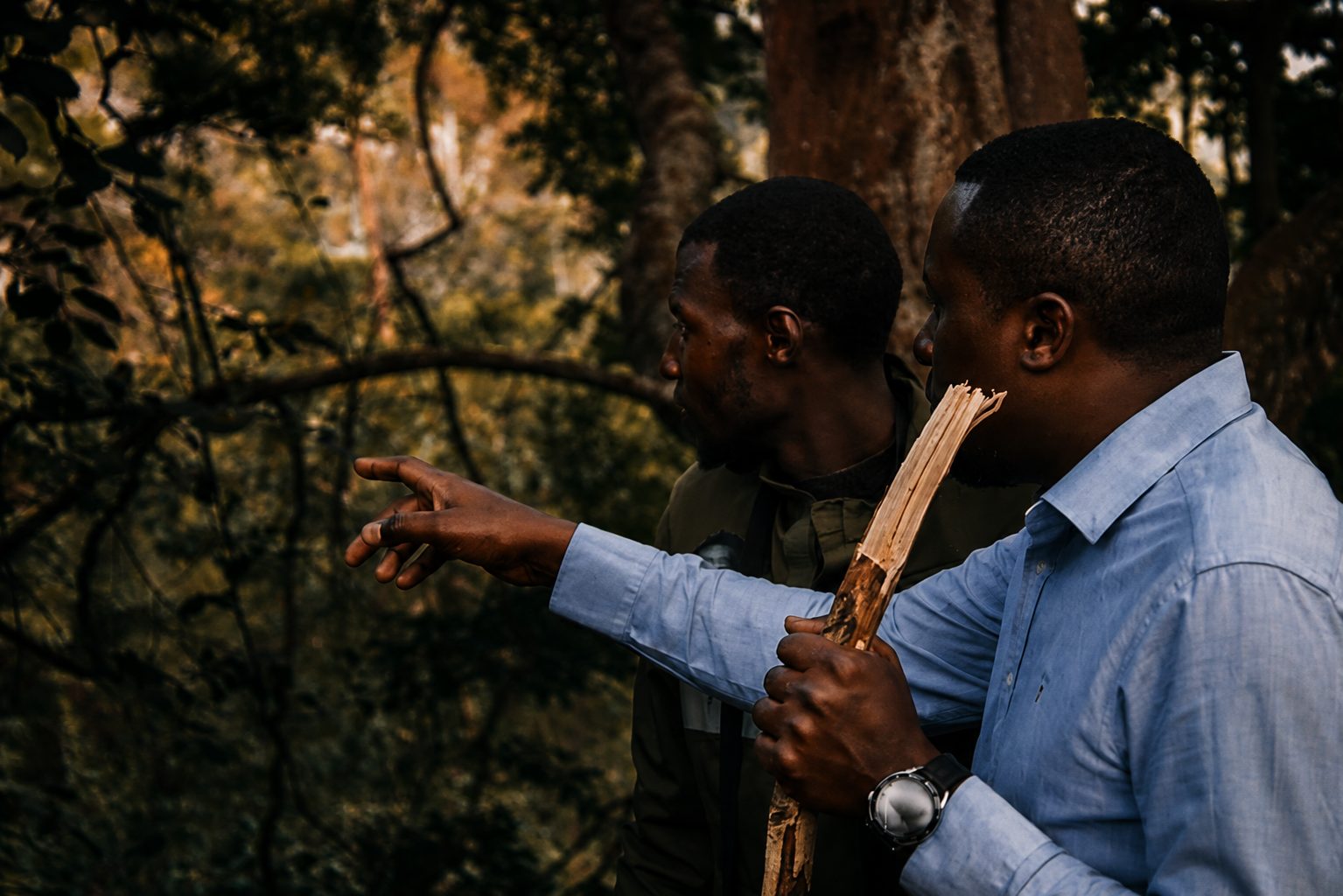 Two field researchers scouting a heritage trail in the forest